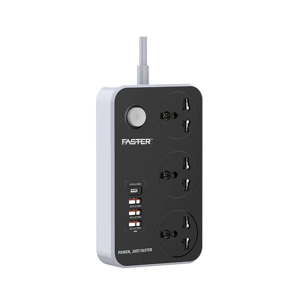FASTER produžni kabal 3x USB 18W 1x USB-C PD 20W 3x socket Crni